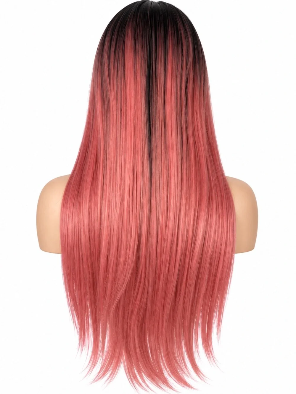 Long Straight Fringe bangs Wig in Rose Pink with Black Roots 26 inches long
